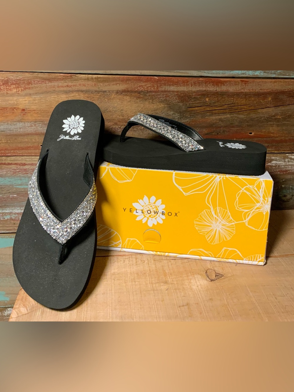 Yellow Box Jennifer Black Sparkle Wedge Sandals with Crystal Straps